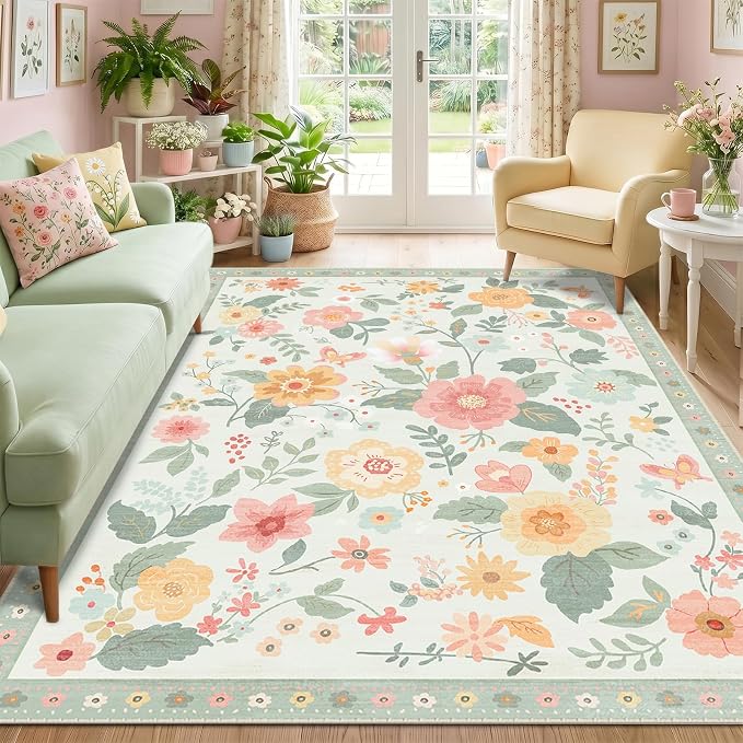 RELEANY Floral Washable 6x9 Area Rugs Beige/Green | Flower Carpet Print Boho by RELEANY