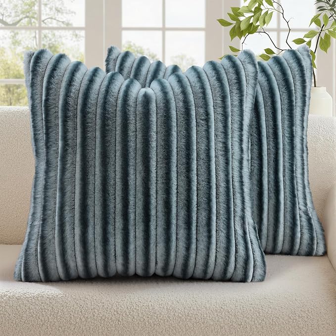 decorUhome Fall Faux Fur Throw Pillow Covers 18x18 Set of 2 Blue Grey | by decorUhome