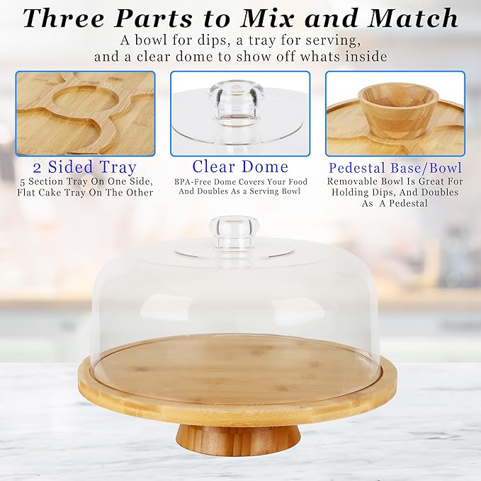 6 in 1 Large Bamboo Wood Cake Stand with Lid - Multiuse Wooden Cake Stand with Dome Acrylic Cake Cover/Cake Dome - Cake Holder With Lid - Acrylic Cake Stand Dome & Bamboo Base Punch Bowl - Cake Stands