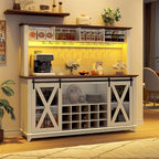 63"W Farmhouse Coffee Bar Cabinet with LED Light,Wine Bar Cabinet w/ 4 Tier Storage Hutch,Kitchen Buffet Cabinet w/Sliding Barn Door & 15 Wine and Glass Racks for Kitchen Dining Room(Antique White)