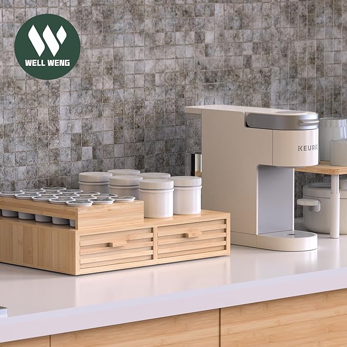 Bamboo K-Cup Pods Holder Organizer - 60 Pod Capacity with 2 Sliding Drawers & 2 Coffee Pod Holder Inserts, Elegant Tea Bag Storage Box for Home, Office & Kitchen Countertop (39.4"x8.2"x8.2")