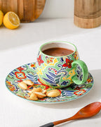 HENXFEN LEAD Boho Coffee Mugs 20 Ounce - Porcelain Cups for Latte, Tea, Cappuccino, Cocoa, Soup, Dishwasher, Microwave Safe, Christmas Gift Set of 6 - Bohemian Style