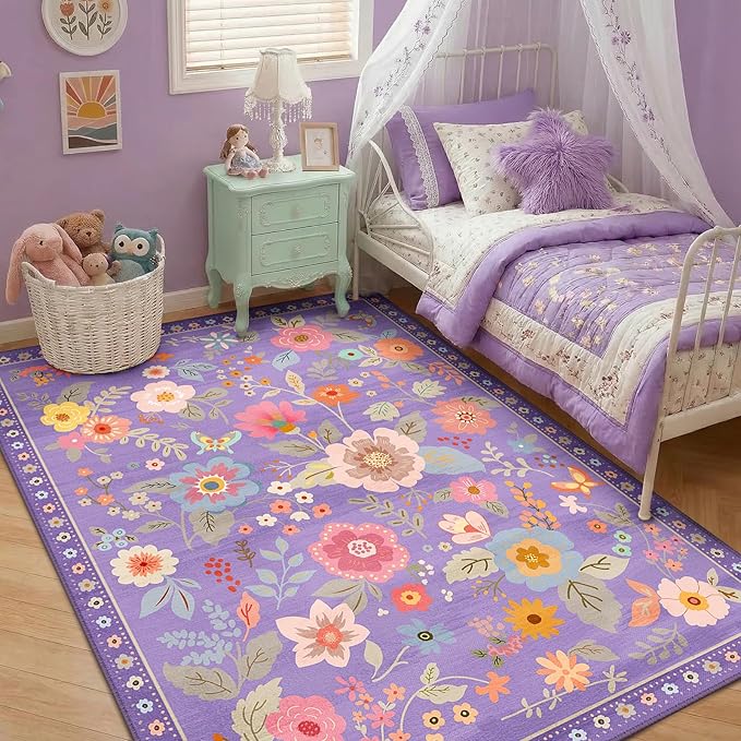 RELEANY Floral Washable 5x8 Area Rugs Purple/Pink | Flower Carpet Print Boho - Image 2