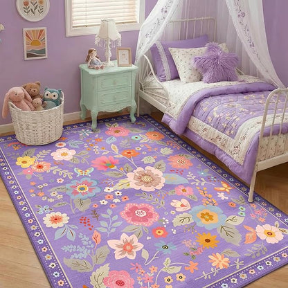 RELEANY Floral Washable 5x8 Area Rugs Purple/Pink | Flower Carpet Print Boho - Image 2