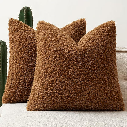 Faux Fur Throw Pillow Covers 18x18 Inch Set of 2 Boucle Neutral Decorative by Woaboy