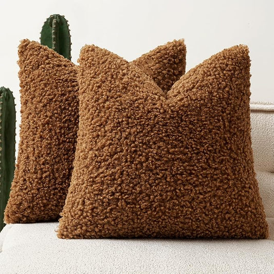 Faux Fur Throw Pillow Covers 18x18 Inch Set of 2 Boucle Neutral Decorative by Woaboy