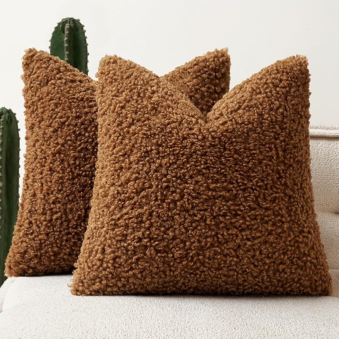 Faux Fur Throw Pillow Covers 24x24 Inch Set of 2 Boucle Neutral Decorative by Woaboy