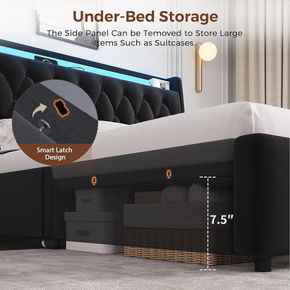 Full LED Velvet Bed Frame with 2 Storage Drawers&Hidden Headboard, Upholstered - Image 5