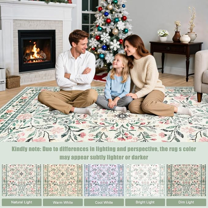 PLHXFR Area Rug Living Room: 3x5 Floral Washable Boho Carpet Green Beige | - Image 9