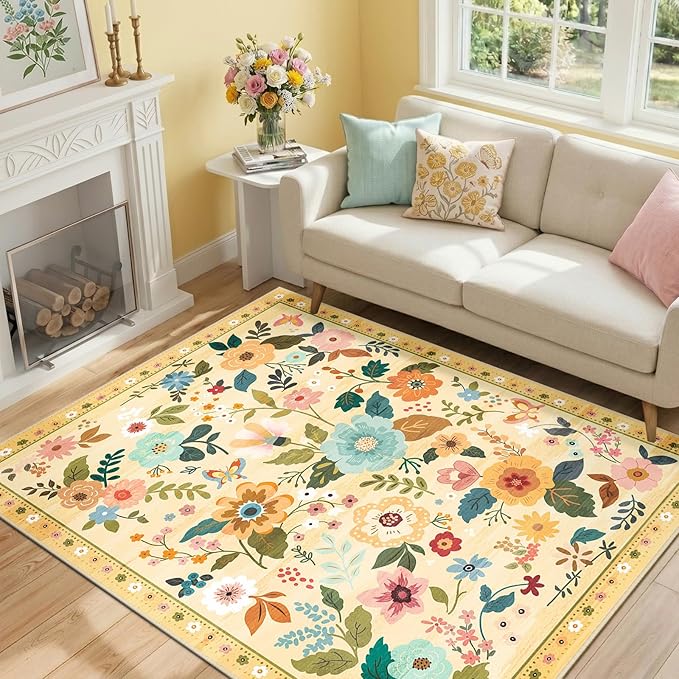 RELEANY Floral Washable 4x6 Area Rugs Ivory/Yellow | Flower Carpet Print Boho by RELEANY