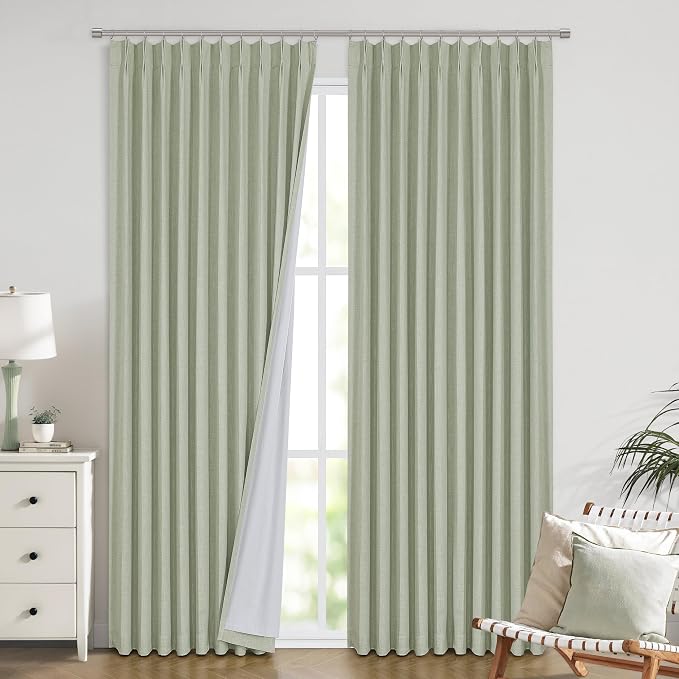 Vision Home Soft Green Pinch Pleated Full Blackout Curtains Linen Blended Room - Image 7