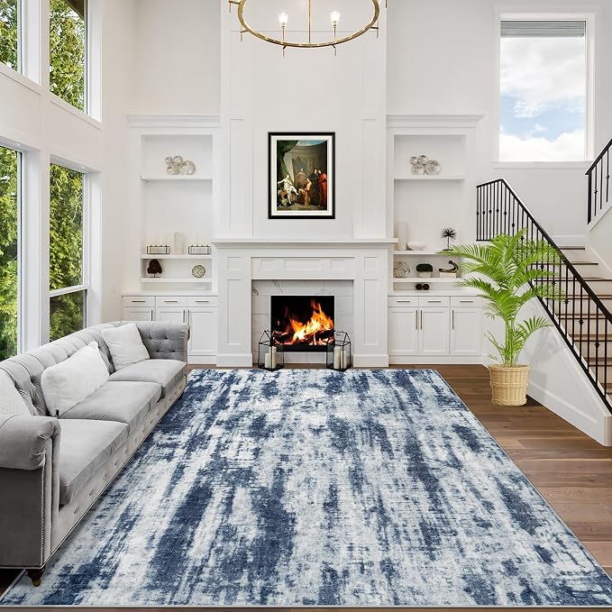 9x12 Area Rugs for Living Room: Washable Abstract Blue Grey Badroom Carpet | by GENTDRIZZ