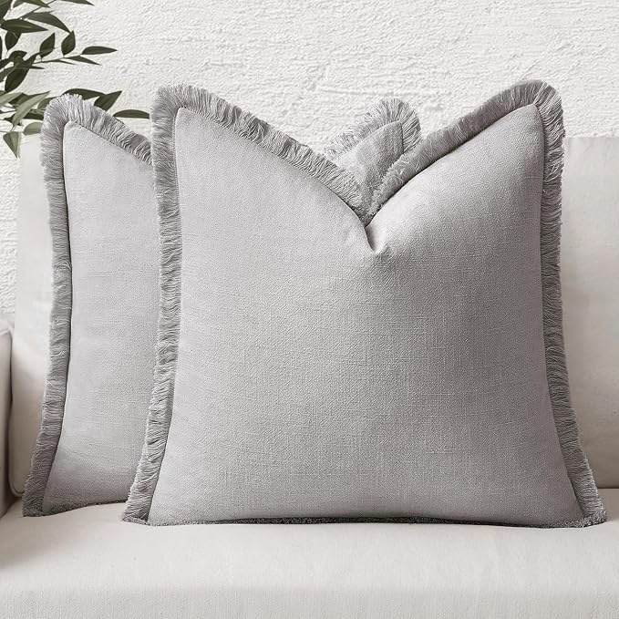 MIULEE Linen Fringe Decorative Euro Throw Pillow Covers Light Grey 24x24 | Set by MIULEE