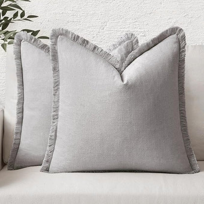 MIULEE Boho Linen Fringe Decorative Throw Pillow Covers Light Grey 18x18 | Set by MIULEE