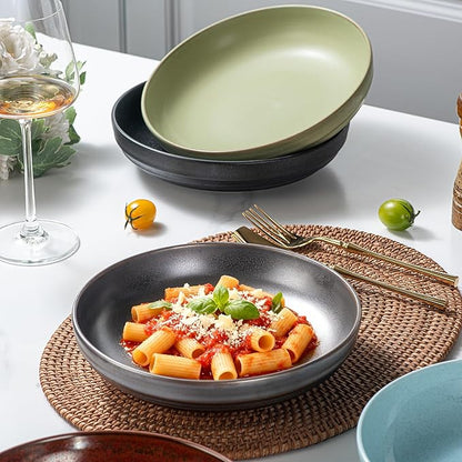 HAPPY KIT Stoneware Pasta Bowl Set of 4, 9'' Large Salad Bowls,42 Oz, Reactive Glaze Serving Bowls, Microwave Dishwasher Safe, Ocean Current Blue