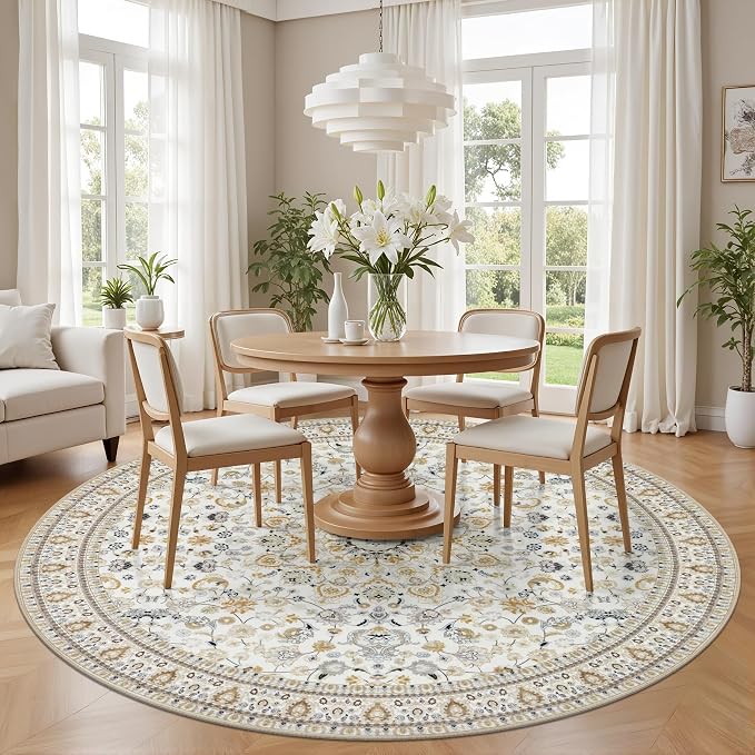 Round Area Rug for Living Room: 8ft Washable Rug for Bedroom Beige | Vintage - Image 3