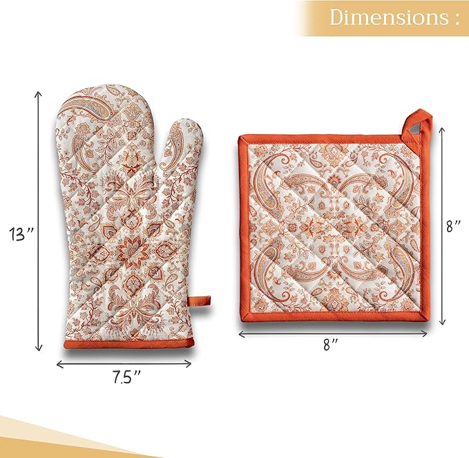Maison d' Hermine 100% Cotton Oven Mitt & Pot Holder Set (7.5"x13" & 8"x8") Heat Resistant BBQ Cooking Gloves with Loop, Baking, Grilling, Kitchen, Handling Hot Pans (Cachemire)