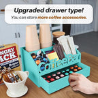 Coffee Bar Organizer for Countertop – Wooden Coffee Station with Black Drawer, Tea and K Cup Storage Rack, Coffee Pod Holder for Home and Office Counter Organization (Drawer - Turquoise)