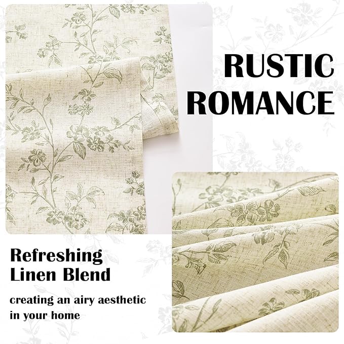Extra Long Green Vintage Floral Linen Curtains Farmhouse 2 Panels | Elisa Series - Image 4