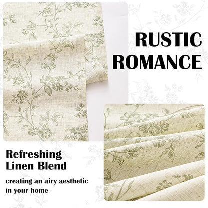 Green on Beige Linen Kitchen Curtains Rod Pocket 26W X 24L 2 Panels | Elisa - Image 5