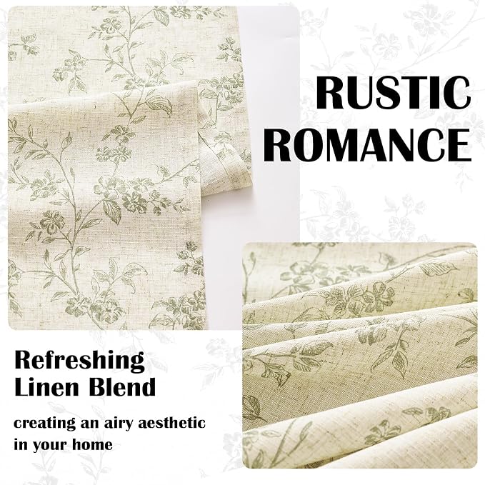 Extra Long Green Vintage Floral Linen Curtains Farmhouse 2 Panels | Elisa - Image 4