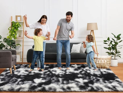 Black and White Area Rugs for Living Room, 5x8 Fluffy Bedroom Rug, Soft Plush - Image 8