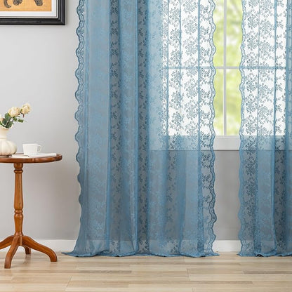 YJ YANJUN Vintage Lace Curtains 72 Inches Long 2 Panels Antique Boho Slate Blue - Image 5