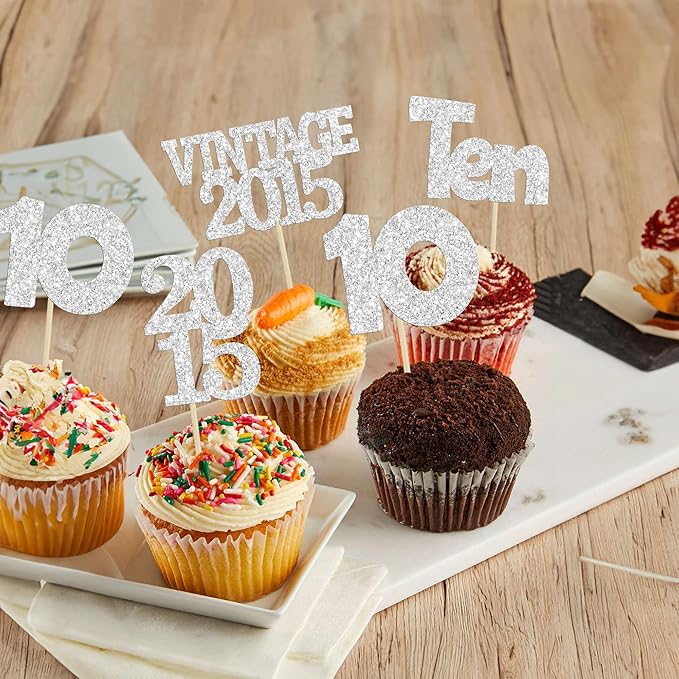 Gyufise 24Pcs 10th Birthday Cupcake Toppers Glitter Ten Vintage 2015 Hello 10 Years Birthday 10 Cupcake Picks Double Digits Cake Decorations for Happy 10th Birthday Anniversary Party Supplies Silver