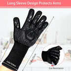 BBQ Fireproof Gloves, Grill Cut-Resistant Gloves 1472°F Heat Resistant Gloves, Non-Slip Silicone Oven Gloves, Kitchen Safe Cooking Gloves for Oven Mitts,Barbecue,Cooking, Frying,13.5 Inch-Black