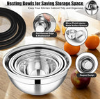 E-far Mixing Bowls Set of 5, Stainless Steel Salad Mixing Bowl with Transparent Lid, Metal Nesting Bowl Attach with 3 Graters for Kitchen Prepping/Serving/Baking/Storage, 4.6/2.6/1.5/1/0.7 QT - Black