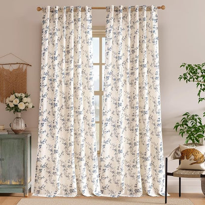 Extra Long Blue Vintage Floral Linen Curtains Farmhouse 2 Panels | Elisa Series - Image 2