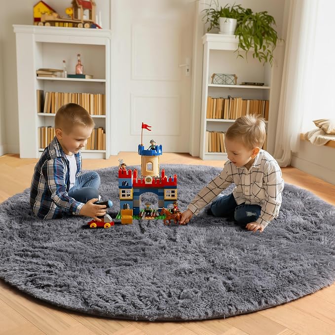 Grey Round Area Rugs 6ft, Fluffy Gray Soft Bedroom Circle Rug - Image 4