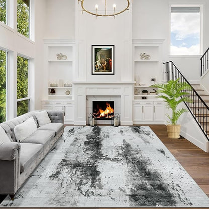 9x12 Area Rugs for Living Room: Washable Abstract Black White Grey Carpet | by GENTDRIZZ