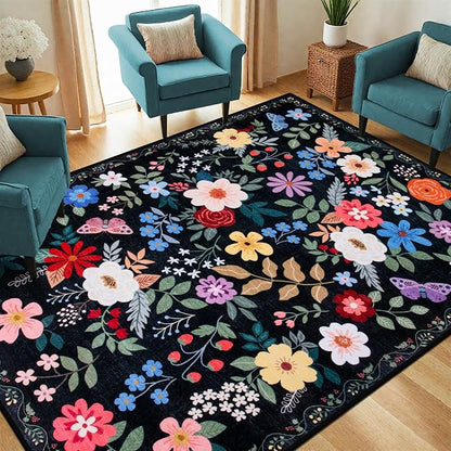 PLHXFR 6x9 Area Rug Living Room: Floral Washable Boho Soft Carpet Black | - Image 2