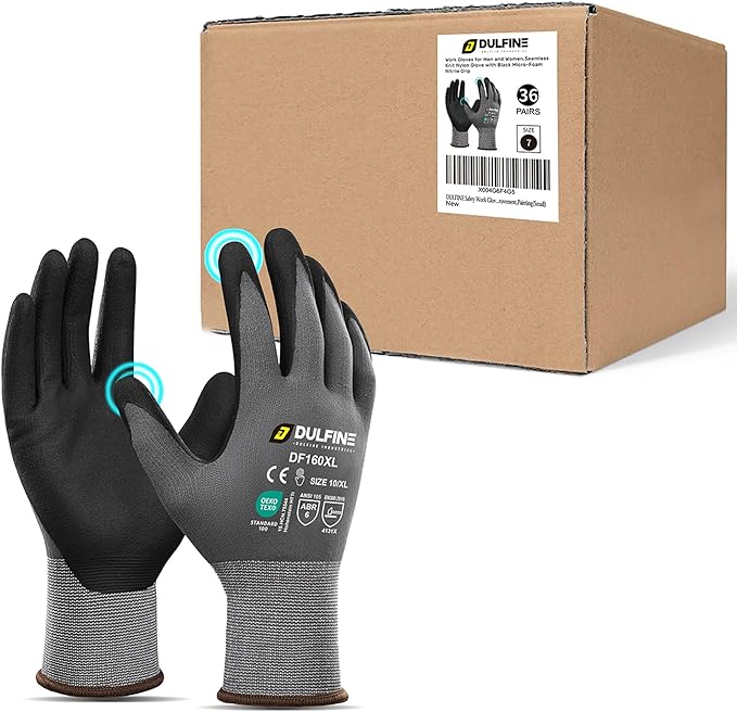 DULFINE Safety Work Gloves MicroFoam Nitrile Coated-36 Pairs Pack,Seamless Knit Nylon Glove with Black Micro-Foam Nitrile Grip,Ideal for General Purpose,Automotive,Home Improvement,Painting(Medium)