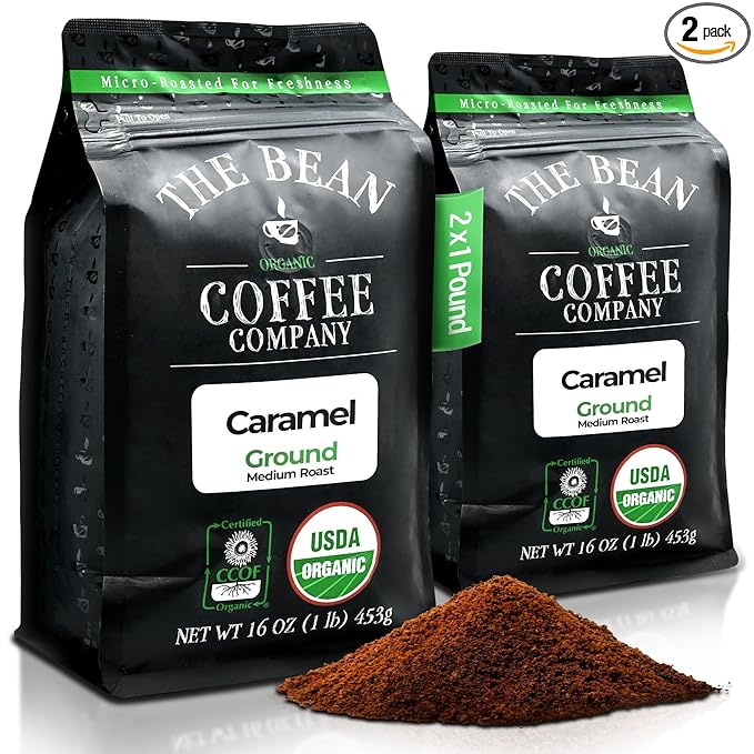 The Bean Organic Coffee Company Caramel, Medium Roast, Ground Coffee, 16-Ounce Bags (Pack of 2), Café molido tostado orgánico