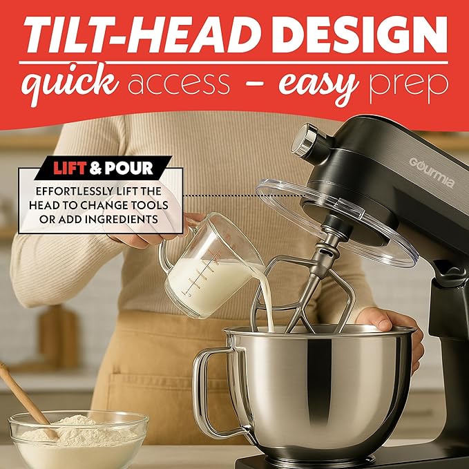 Gourmia 7 Qt Stand Mixer w/Attachments, Bowl Shield, Dough Hook, Whisk & Beater - 10-Speed Heavy Duty Kitchen Countertop Electric Dough Mixer