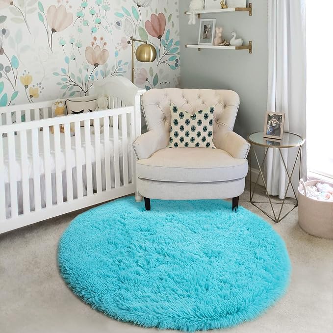 Amdrebio Blue Round Shaggy Rug 4Ft - Image 5