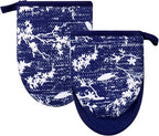 Mini Silicone Oven Mitts, Heat and Slip Resistant Kitchen Gloves 2-Pack Set, Birds Flower Soft Short Oven Mittens, Flexible Thick Pot Holders for Safe Cooking Baking and Grilling (Navy)