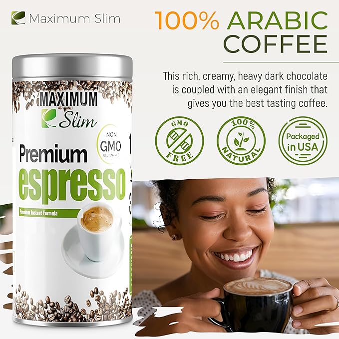 Maximum Slim Premio Instant Espresso Powder – Bold & Rich Flavor 100% Arabica Beans - Non-GMO, Gluten-Free – Premium Medium Roast Coffee 14.1 oz Resealable Jar = Café Instantáneo