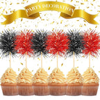 Chinco 100 Pcs Foil Firework Cupcake Toppers Sparkle Tinsel Cake Toppers Cake Decoration Cocktail Fruit Toothpick for Birthday Wedding Graduation Party(Red, Black)