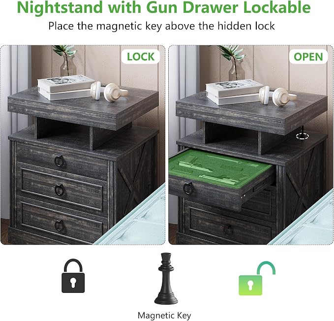 HNEBC Night Stand Set 2 with Gun Drawers, Farmhouse Nightstand with Charging - Image 7