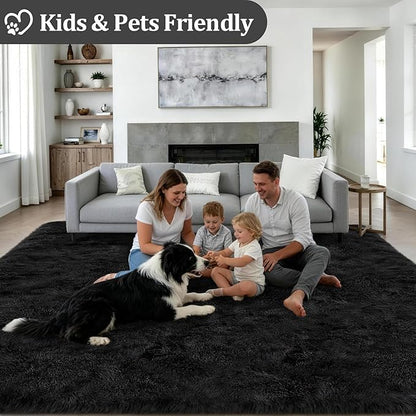 Area Rug Living Room Bedroom: 4x6 Fluffy Plush Shag Carpet Black | - Image 4