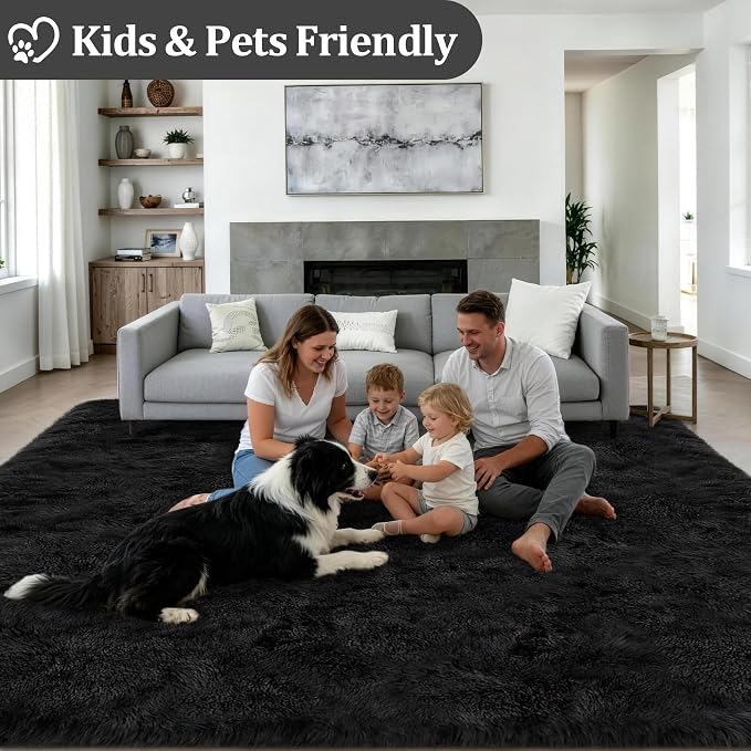 Area Rug Living Room Bedroom: 5x7 Fluffy Plush Shag Carpet Black | - Image 4