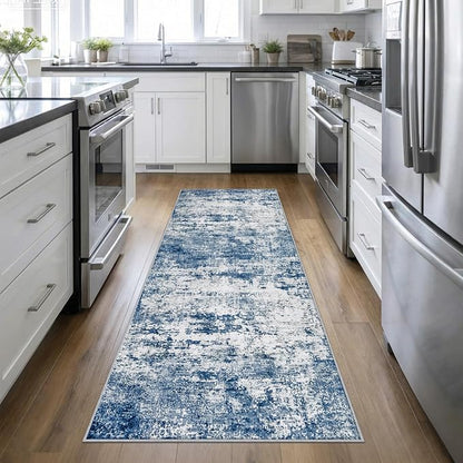 3x10 Washable Runner Rug：Modern Abstract Kitchen Soft Carpet Blue | by FXRHLP