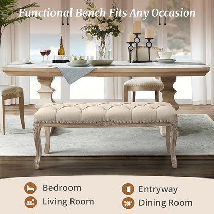 Cozyman Bedroom Bench, French Vintage Tufted Entryway Bench, 45.2" Carving - Image 5