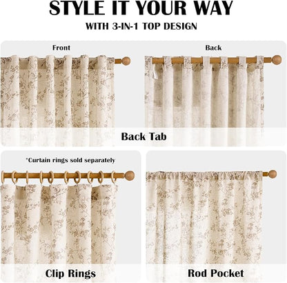 Taupe Vintage Floral Linen Curtains Farmhouse 38W X 84L 2 Panels | Elisa Series - Image 4