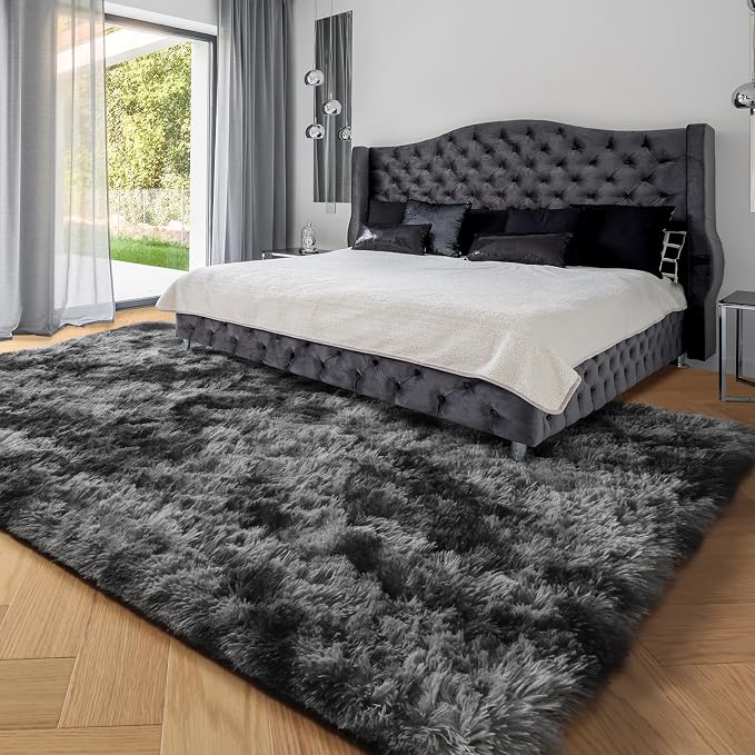 Abstract Fluffy Shaggy Rugs for Living Room Kids Room 5x8 Ft, Tie-Dyed Grey | - Image 4