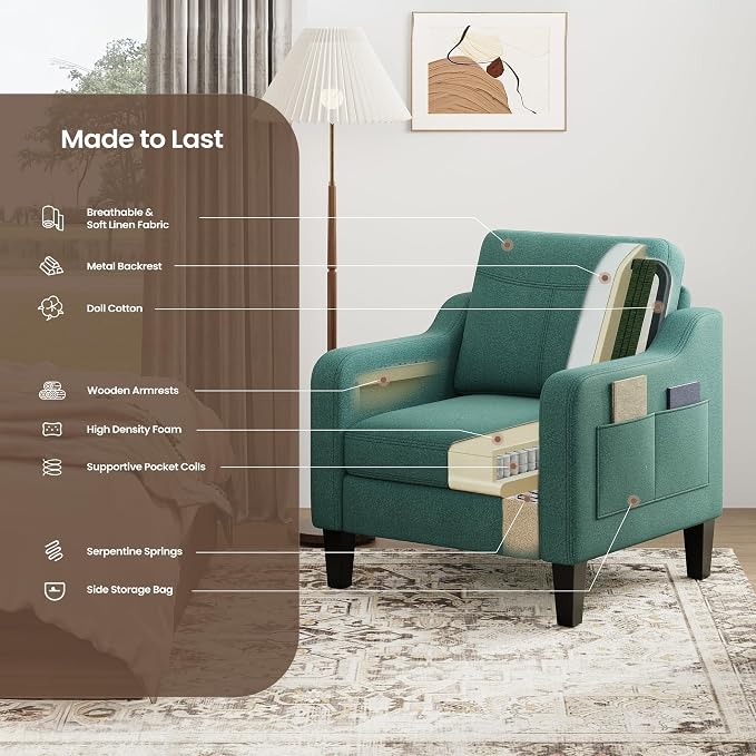 Accent Chair for Living Room Modern Linen Upholstered Armchair Side Wooden - Image 9