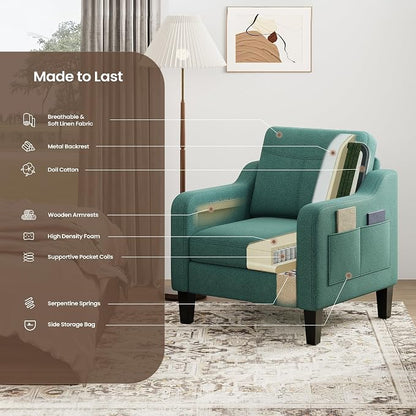 Accent Chair for Living Room Modern Linen Upholstered Armchair Side Wooden - Image 9